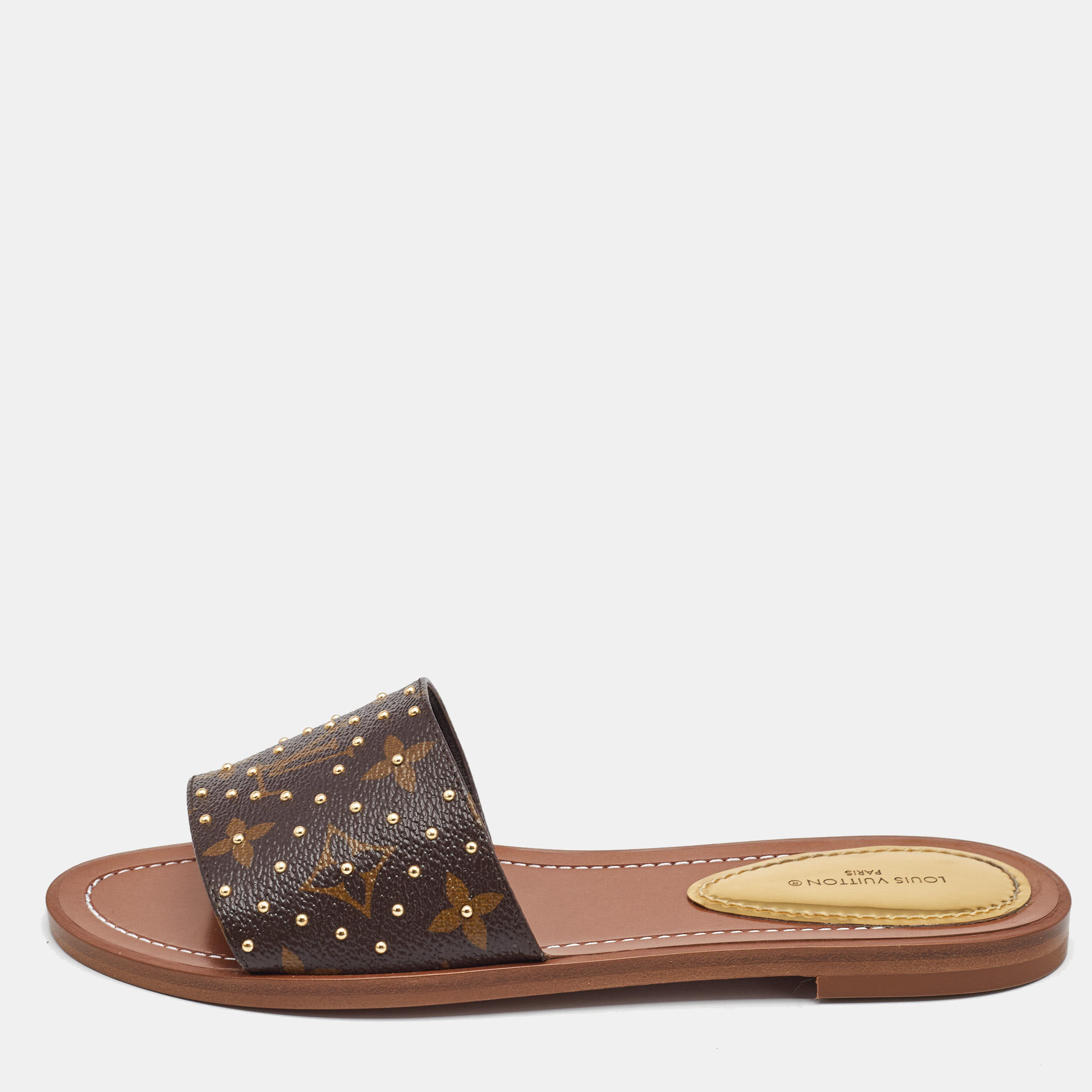 

Louis Vuitton Monogram Canvas Studded Lock It Flat Slides Size, Brown