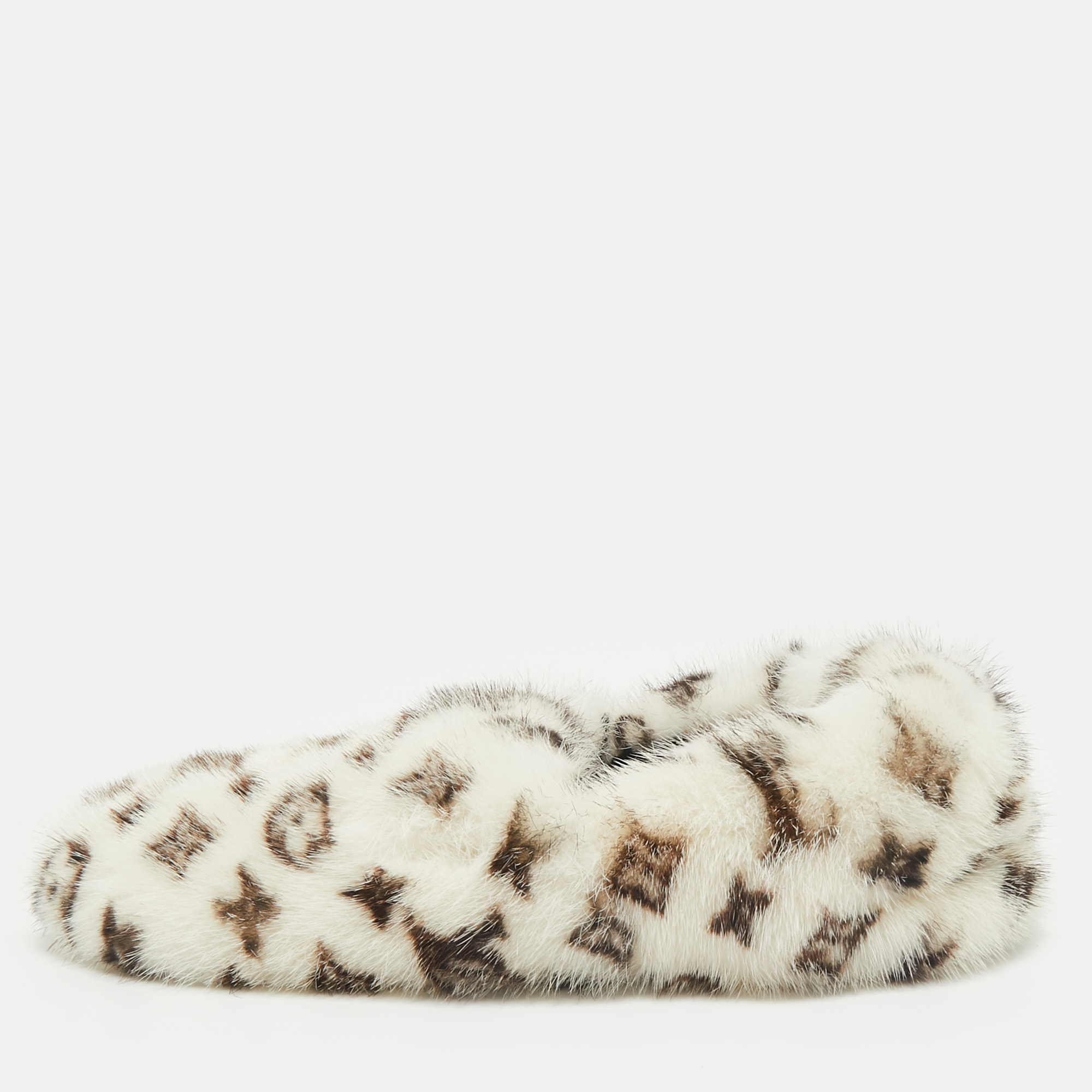 

Louis Vuitton White/Brown Monogram Mink Fur House Slide Sandals Size