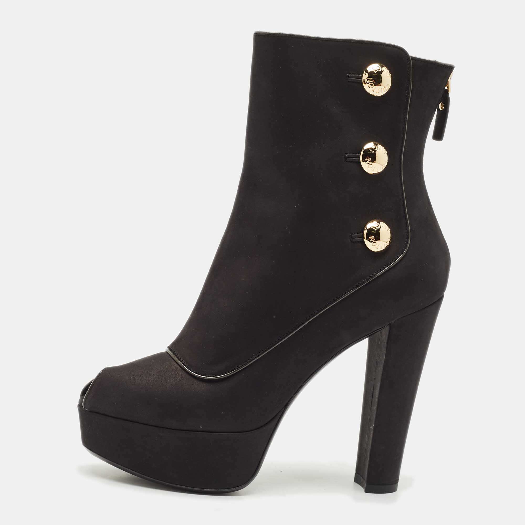 Pre-owned Louis Vuitton Black Nubuck Leather Embellished Platform Booties Size 37.5