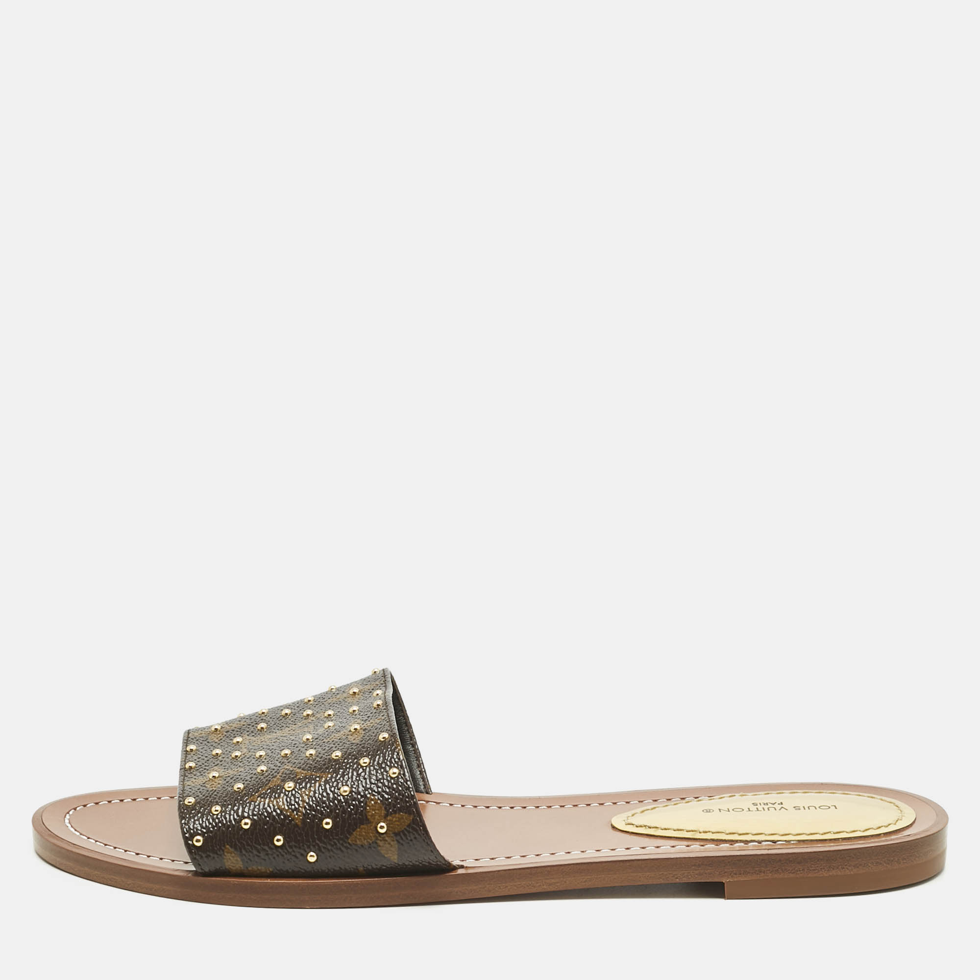 Louis Vuitton Monogram Canvas Studded Lock It Flat Slides Size 38