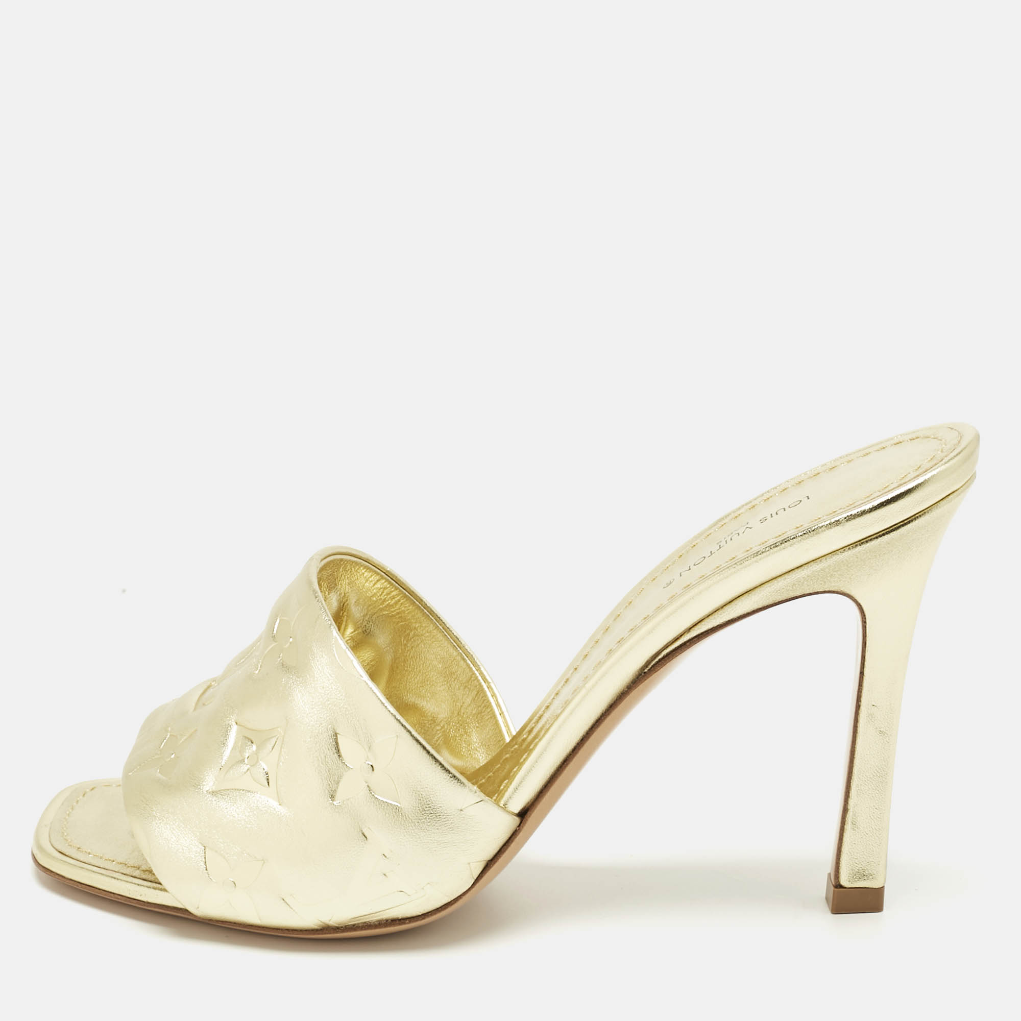 Pre-owned Louis Vuitton Gold Monogram Embossed Leather Revival Slide Sandals Size 38