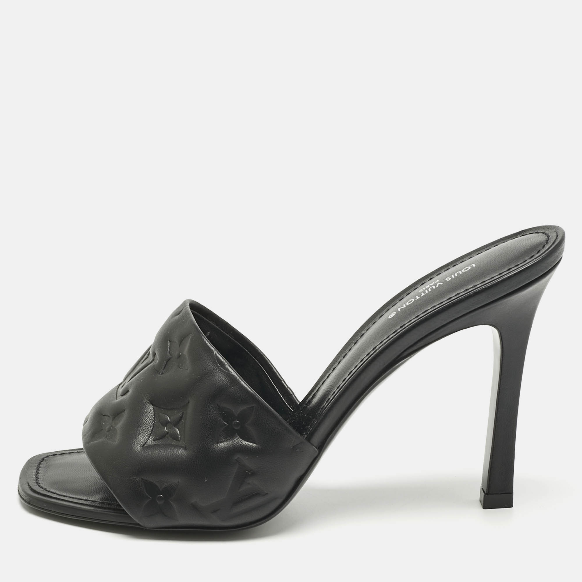 Louis Vuitton Black Monogram Embossed Leather Revival Slide Sandals Size 38