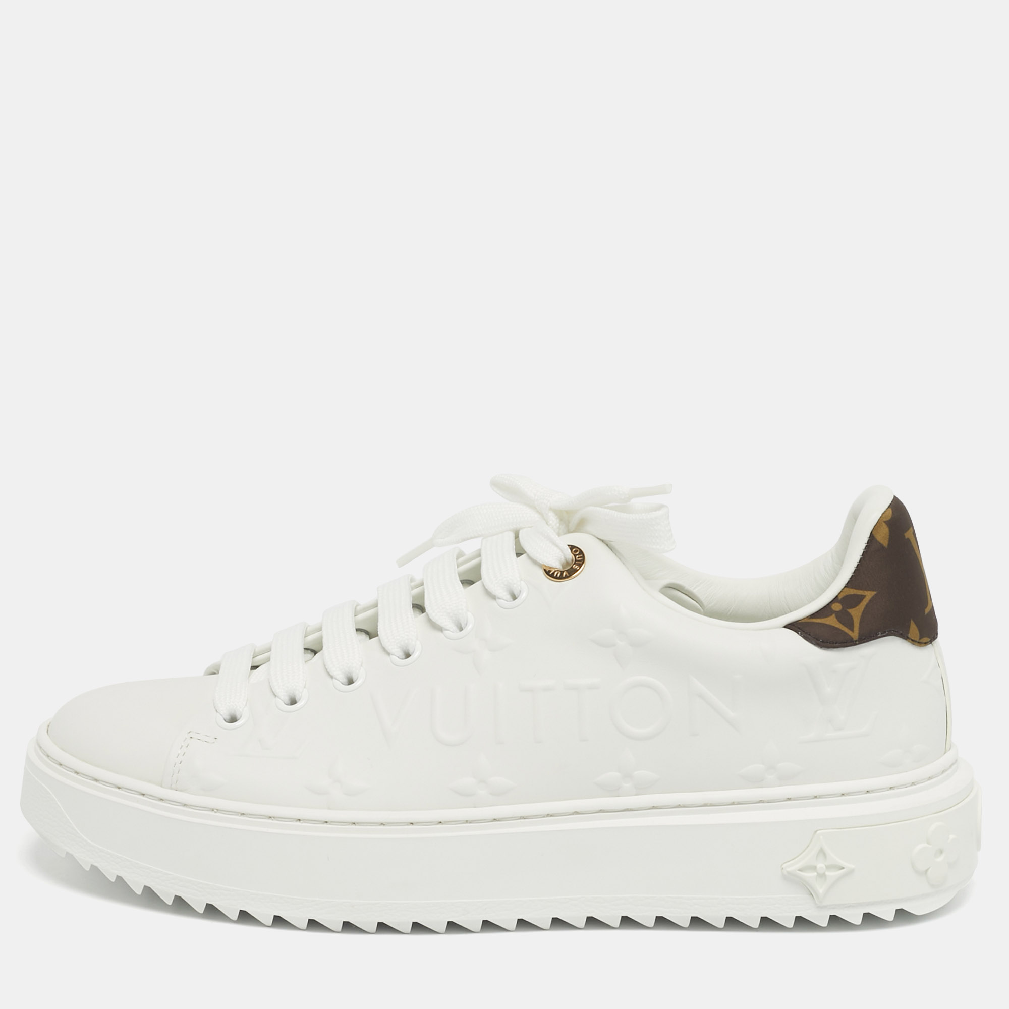 Pre-owned Louis Vuitton White Embossed Monogram Leather Time Out Low Top Sneakers Size 37.5
