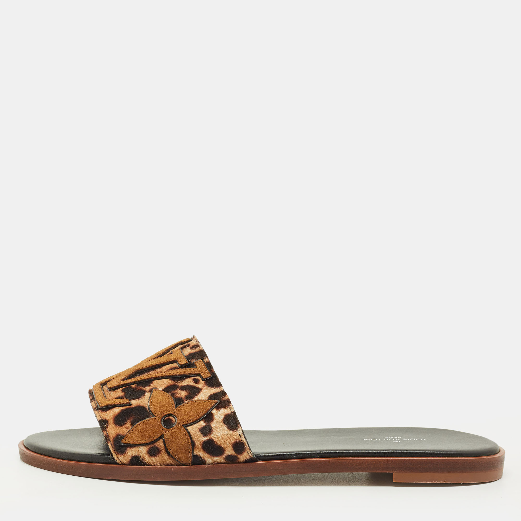 

Louis Vuitton Lock It Size  Two Tone Leopard Print Calf Hair Flat Slide, Brown