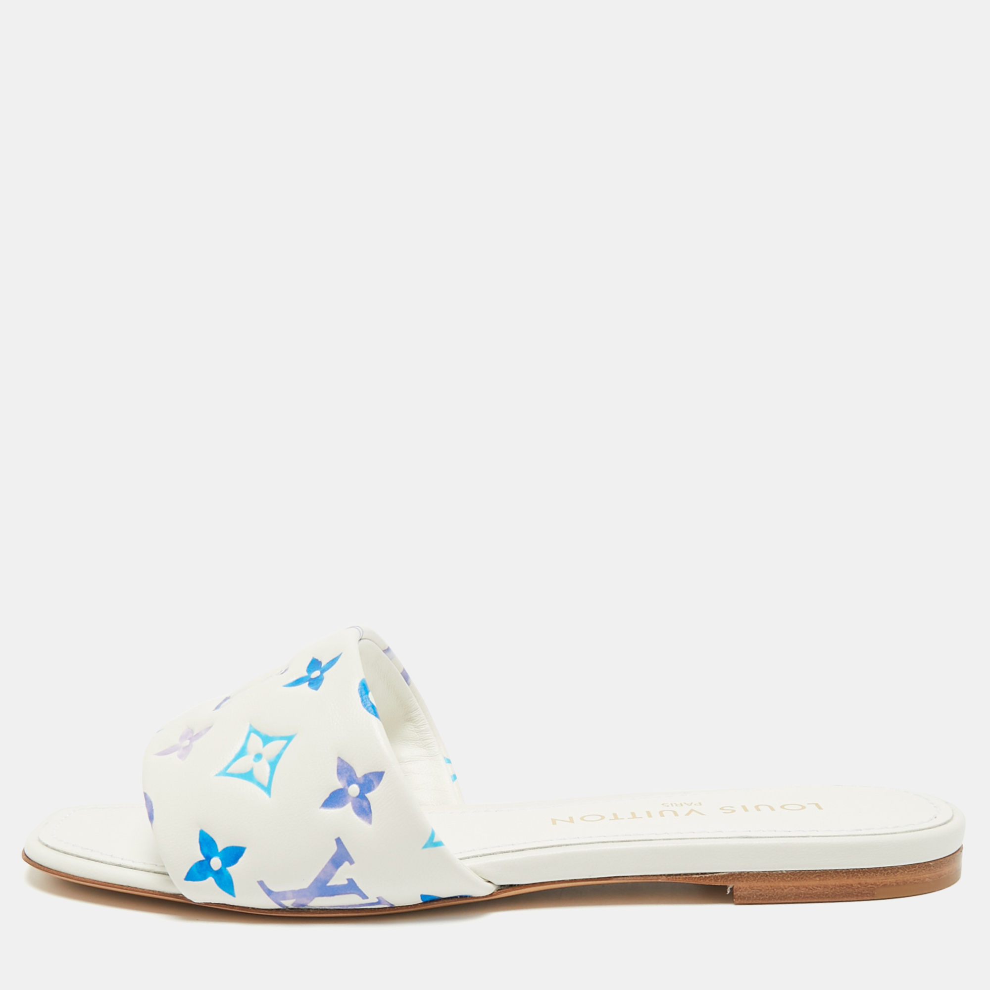 

Louis Vuitton Revival Size  White/Blue Monogram Leather Flat Slide
