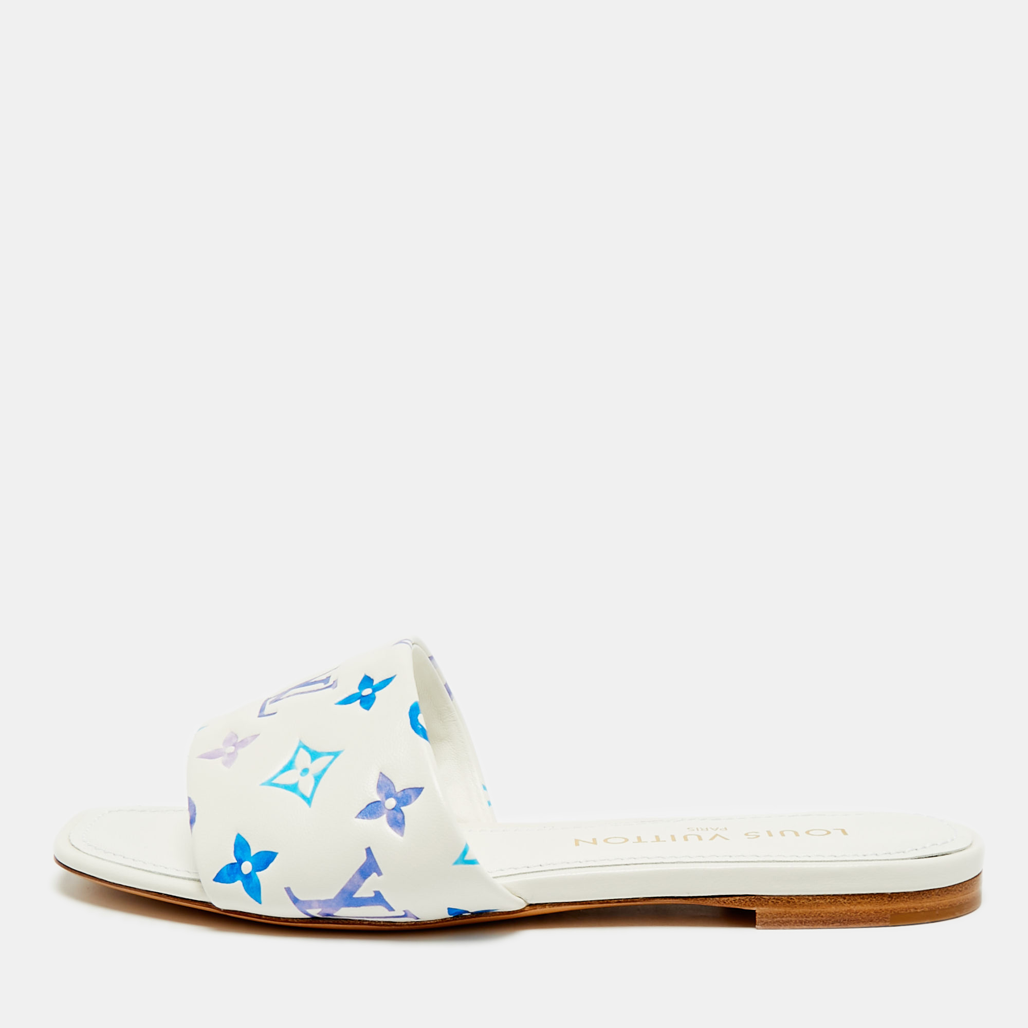 

Louis Vuitton Revival Size  White/Blue Monogram Leather Flat Slide