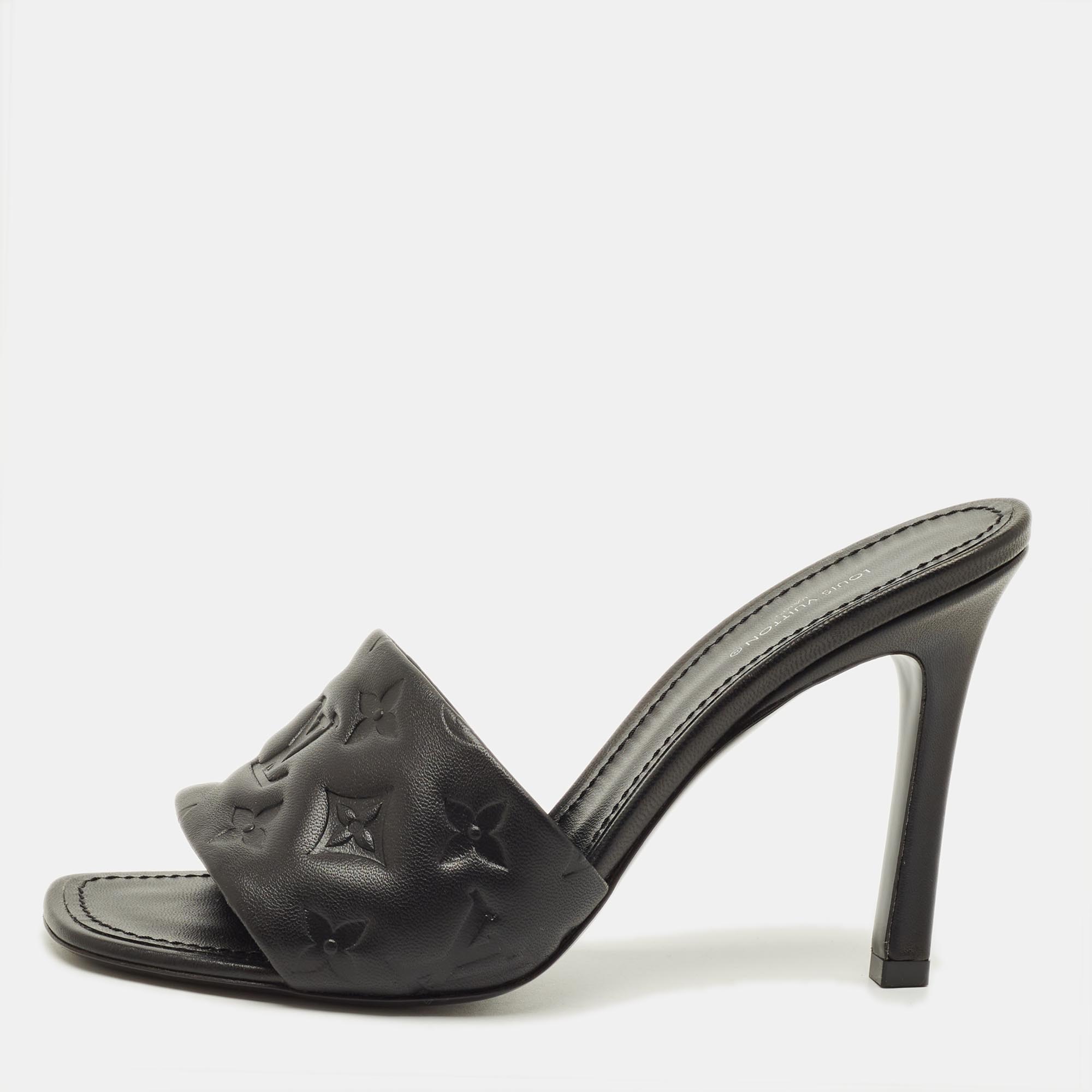 Pre-owned Louis Vuitton Revival Size 39 Black Monogram Leather Slide Sandals