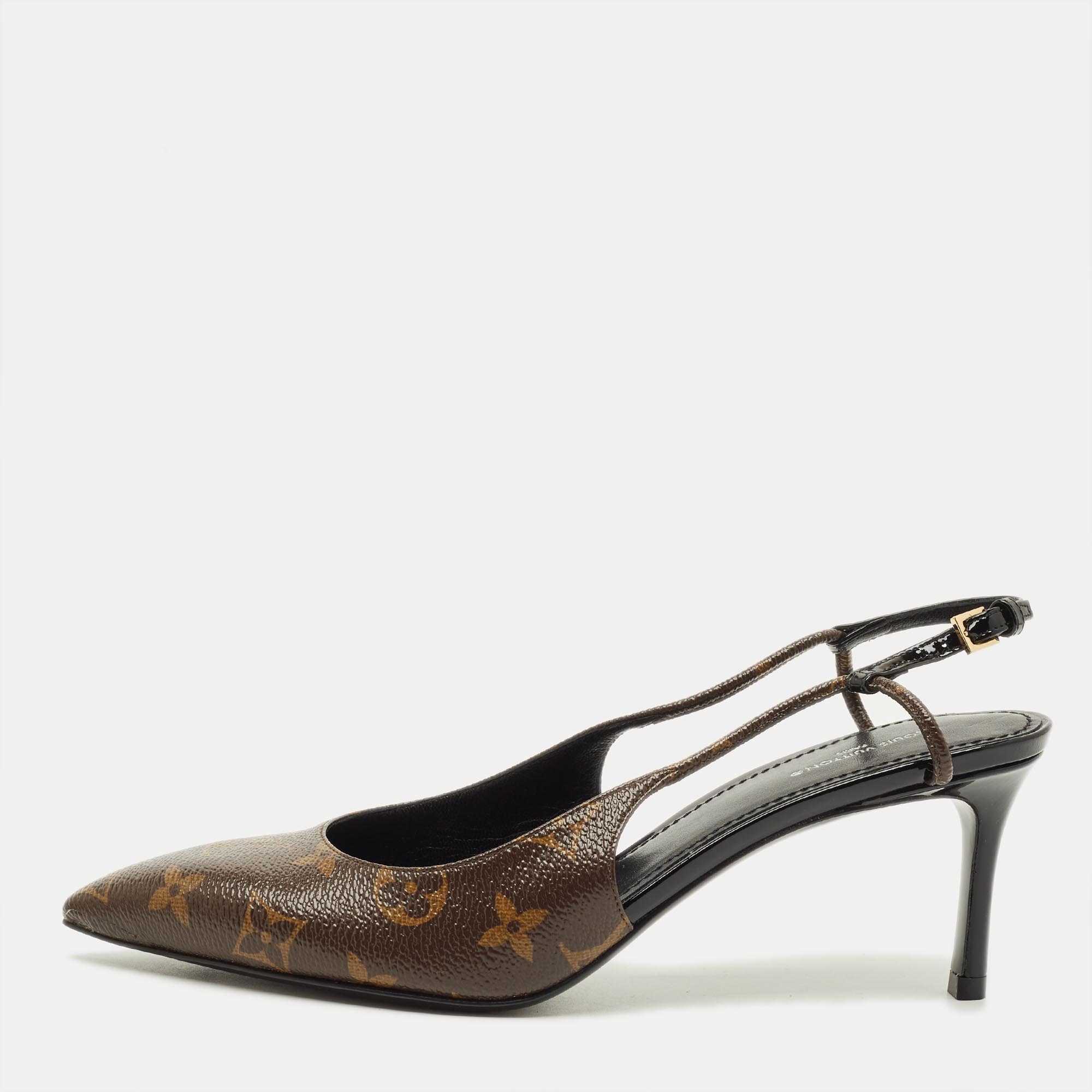 

Louis Vuitton Chérie Size  Brown/Black Monogram Canvas and Patent Leather Slingback Pumps