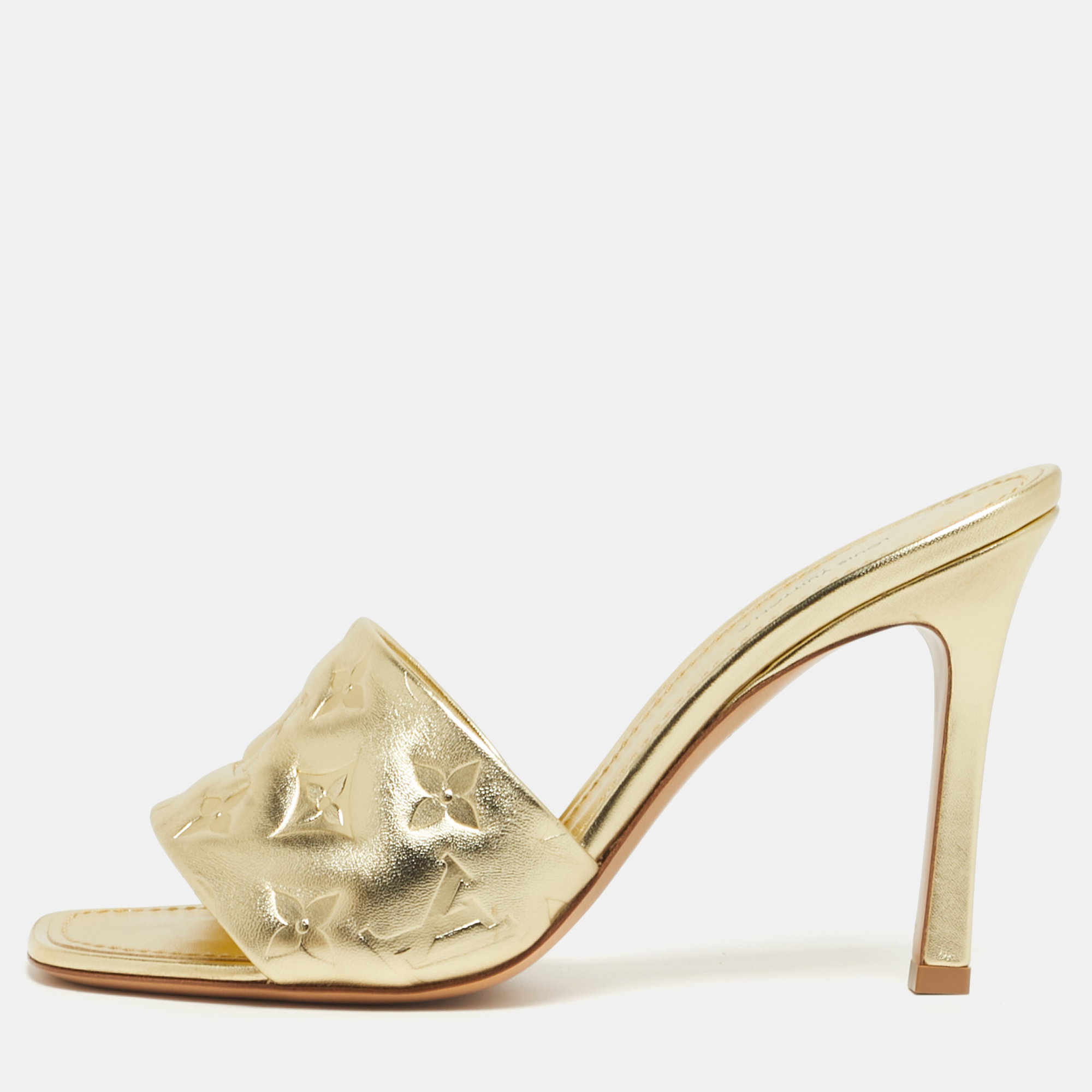 Pre-owned Louis Vuitton Revival Size 39 Gold Monogram Leather Slide Sandals