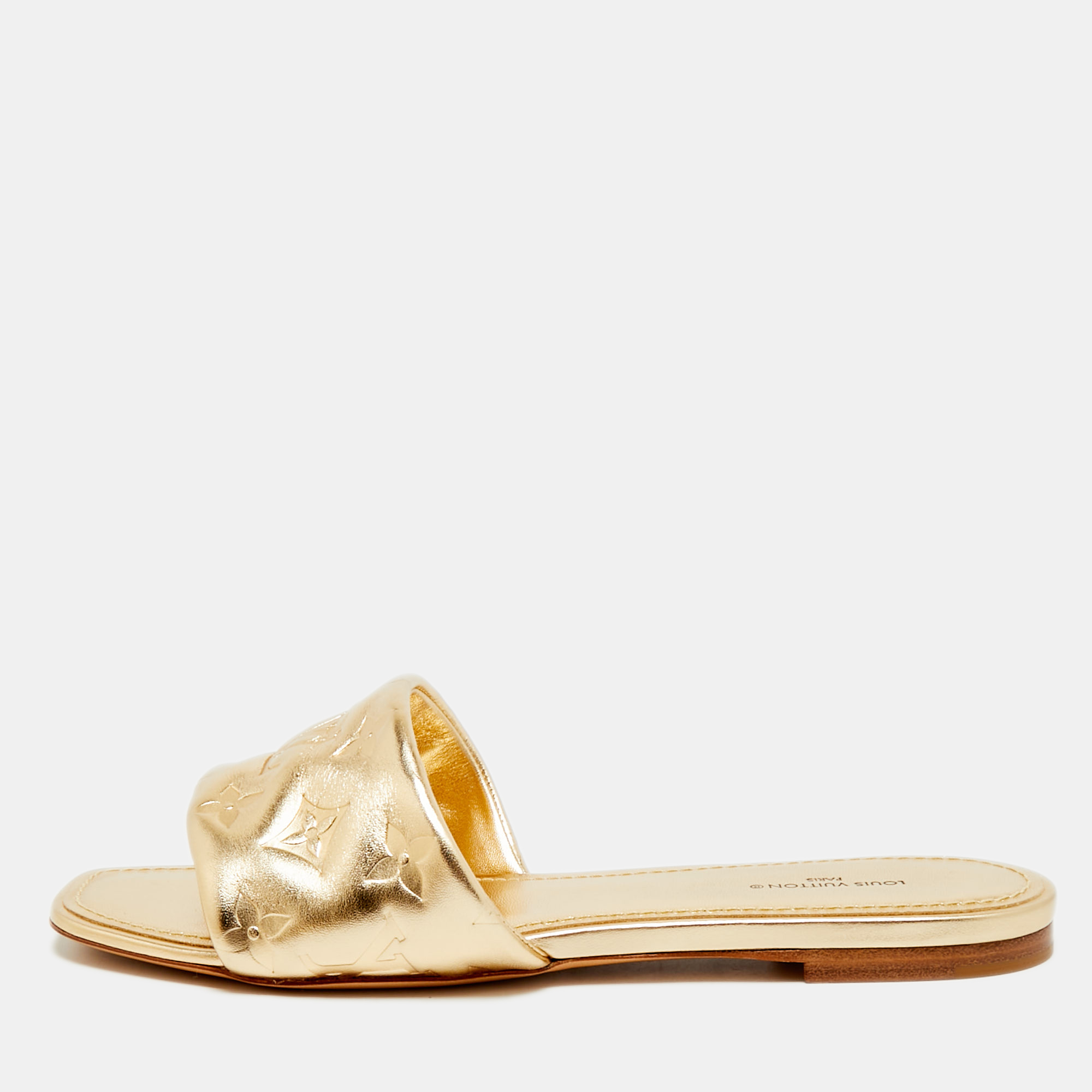 Pre-owned Louis Vuitton Revival Size 38 Gold Monogram Leather Flat Slide