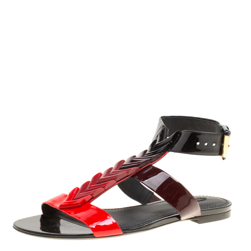 Louis Vuitton Tri Color Gradient Patent Leather Bright Shades Flat  Gladiator Sandals Size 39