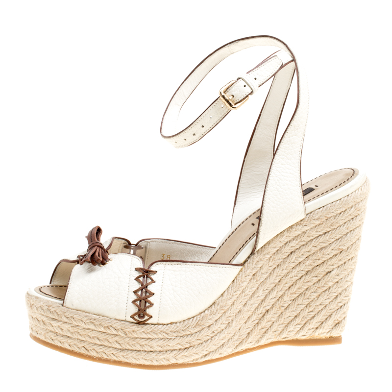 

Louis Vuitton Off White Leather Ankle Strap Espadrilles Wedge Sandals Size