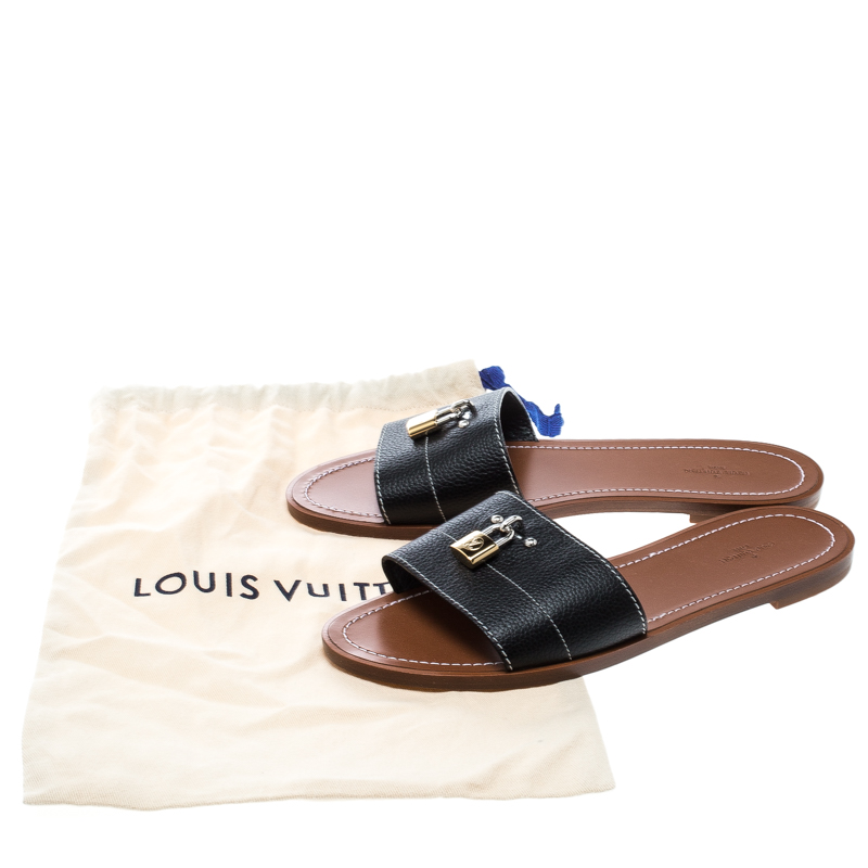 Louis Vuitton Black Grained Leather Lock It Flat Slides Size 41