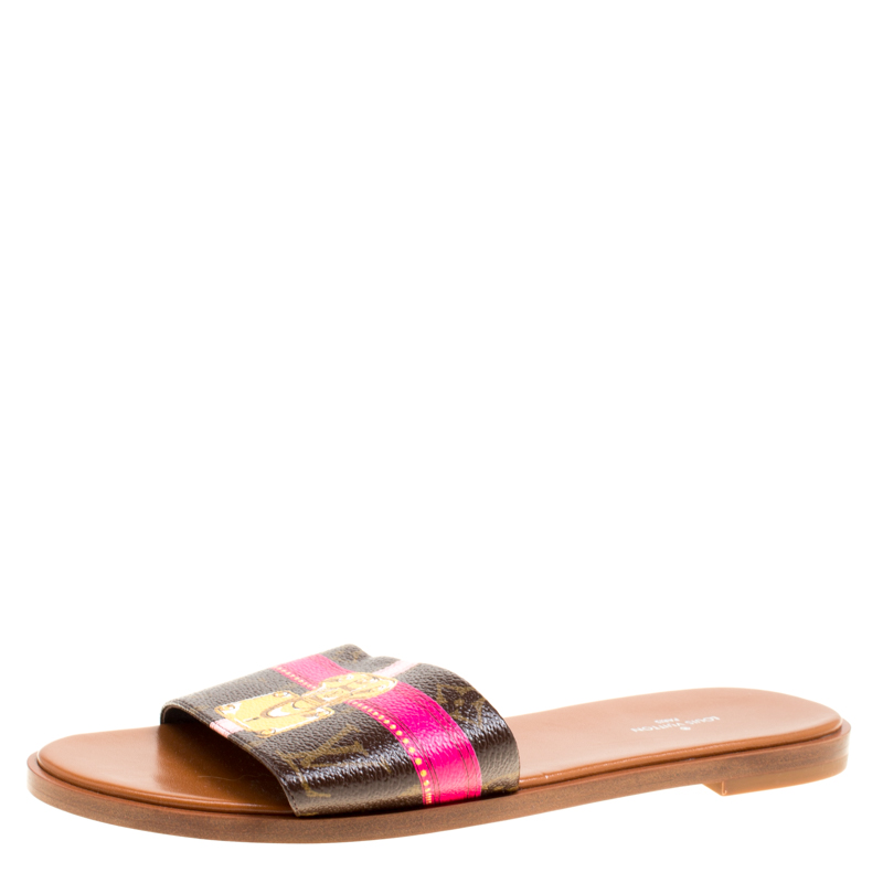 Pre Owned حذاء سلايدز لوي فيتون فلات لوك إيت كانفاس مونوغرامي لامع بني مقاس 39