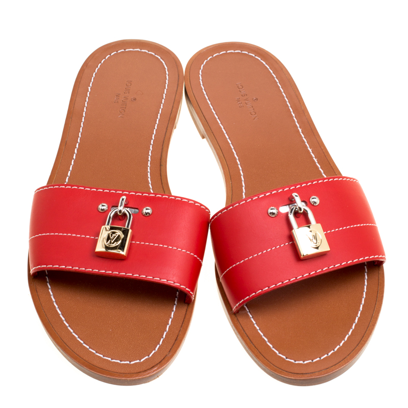 Louis Vuitton Red Leather Lock It Flat Slides Size 37 Louis Vuitton