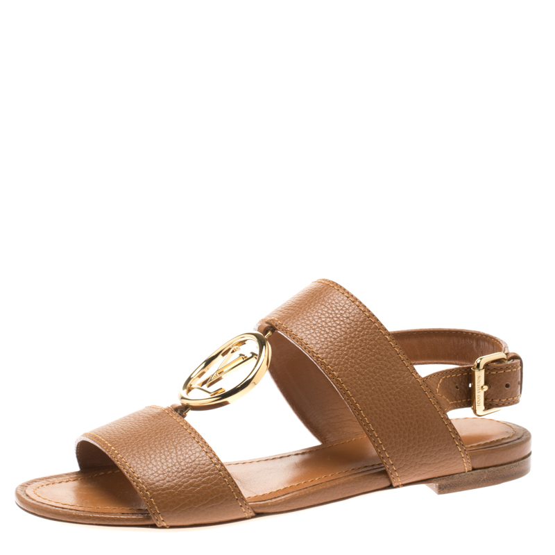 مملوكة مسبقًا Louis Vuitton Brown Leather Logo Detail Back Strap Flat Sandals Size 35