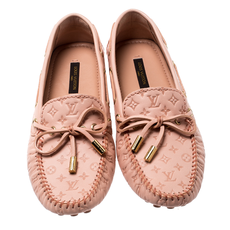 Louis Vuitton Pink Monogram Embossed Leather Gloria Flat Loafers Size  7.5/38 - Yoogi's Closet