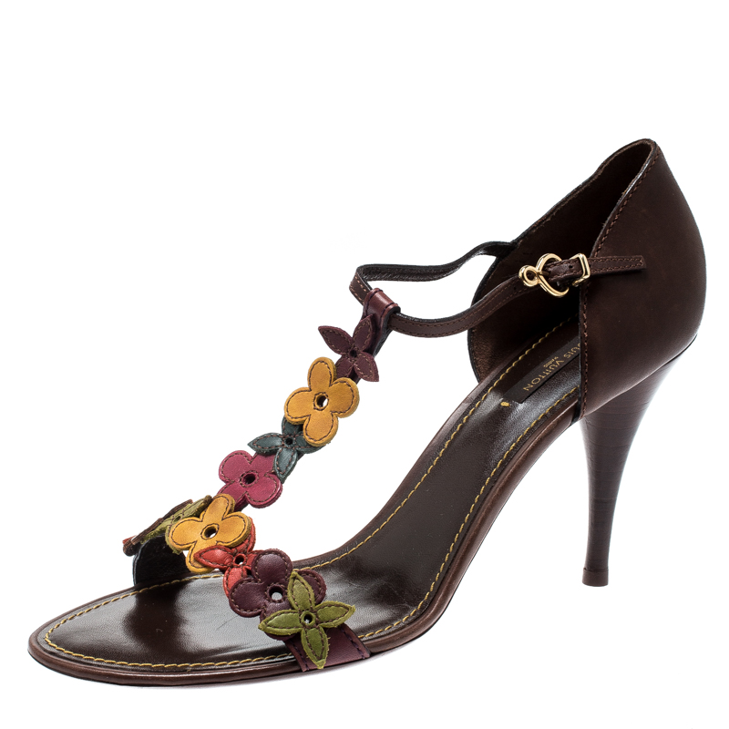 مملوكة مسبقًا Louis Vuitton Brown Leather Aubepine Floral T-Strap Sandals Size 41