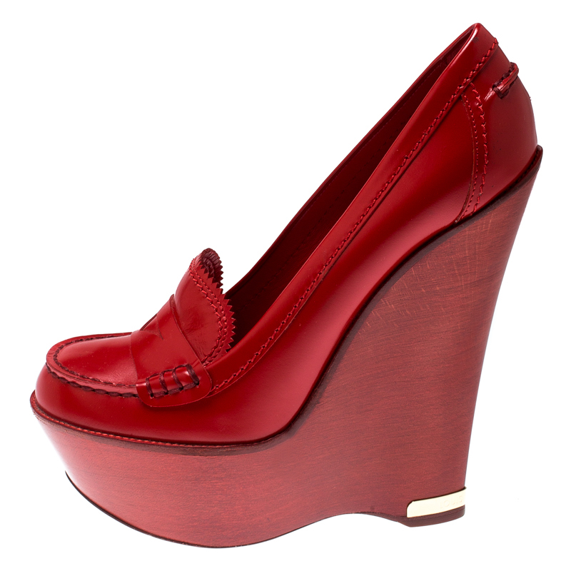 

Louis Vuitton Red Leather Wedge Platform Loafers Pumps Size