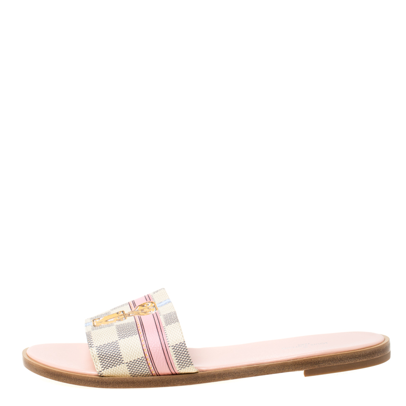 

Louis Vuitton Damier Azur Canvas Lock It Flat Slides Size, Cream