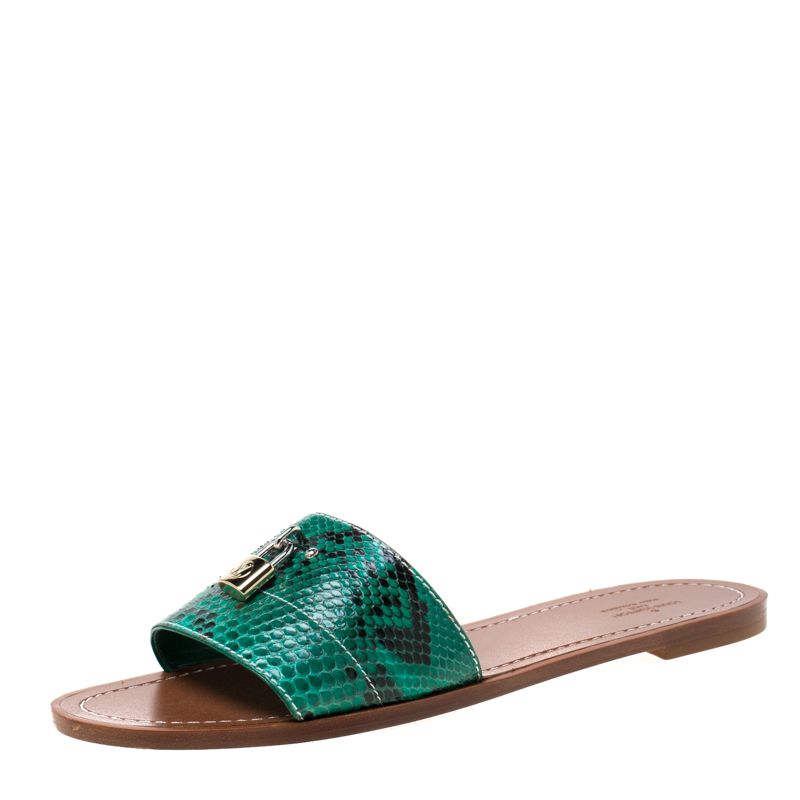 Pre Owned Louis Vuitton Dubai Exclusive Green Python Leather Lock It Flat Slides Size 42