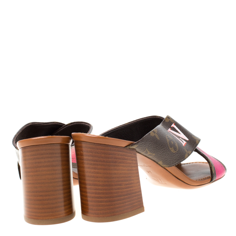 Louis Vuitton Brown/Pink Monogram Canvas Panorama Slide Mule Sandals Size  37.5 Louis Vuitton