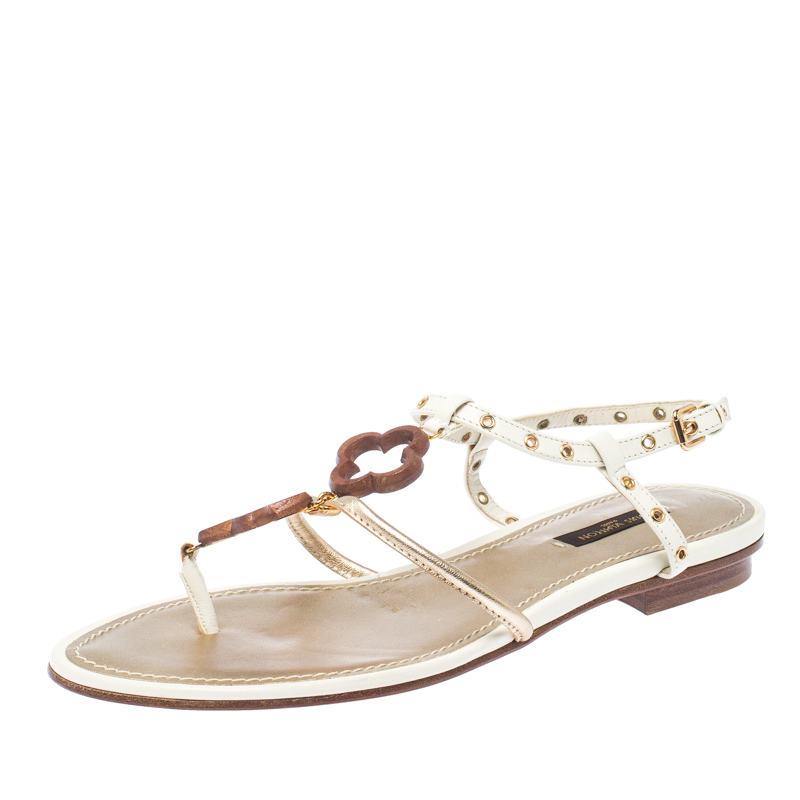 مملوكة مسبقًا Louis Vuitton Cream Eyelet Embellished Thong Flat Sandals Size 37