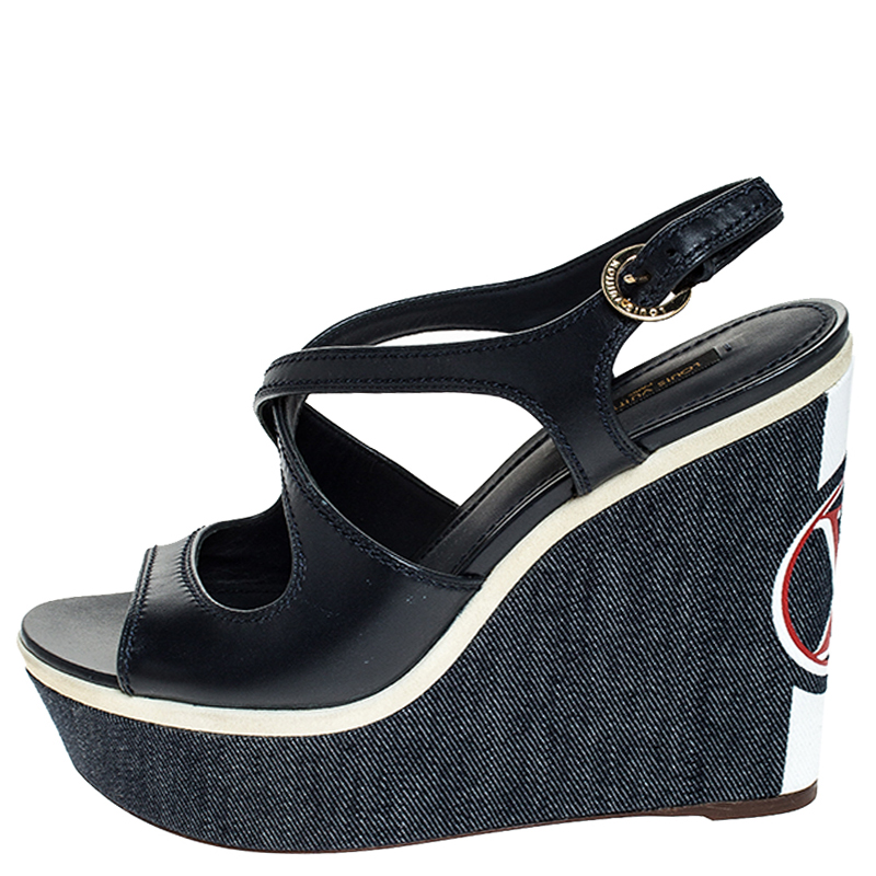 

Louis Vuitton Blue Leather Wedge Platform Ankle Strap Sandals Size