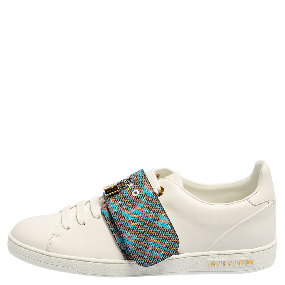 

Louis Vuitton White Leather And Monogram Canvas Frontrow Lock Low Top Sneakers Size
