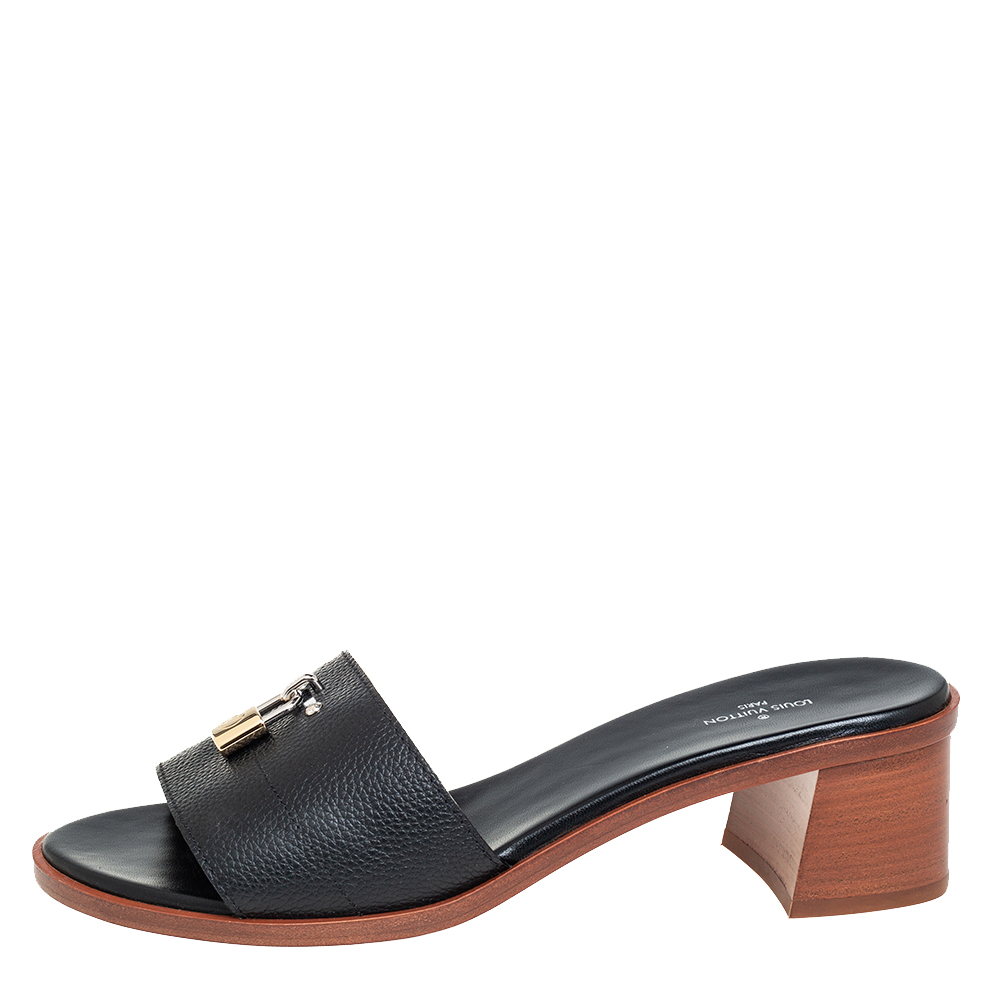 

Louis Vuitton Black Leather Lock It Mule Sandals Size