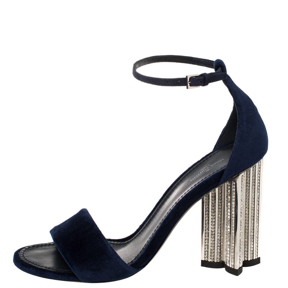

Louis Vuitton Navy Blue Velvet Silhouette Crystal Embellished Sandals Size