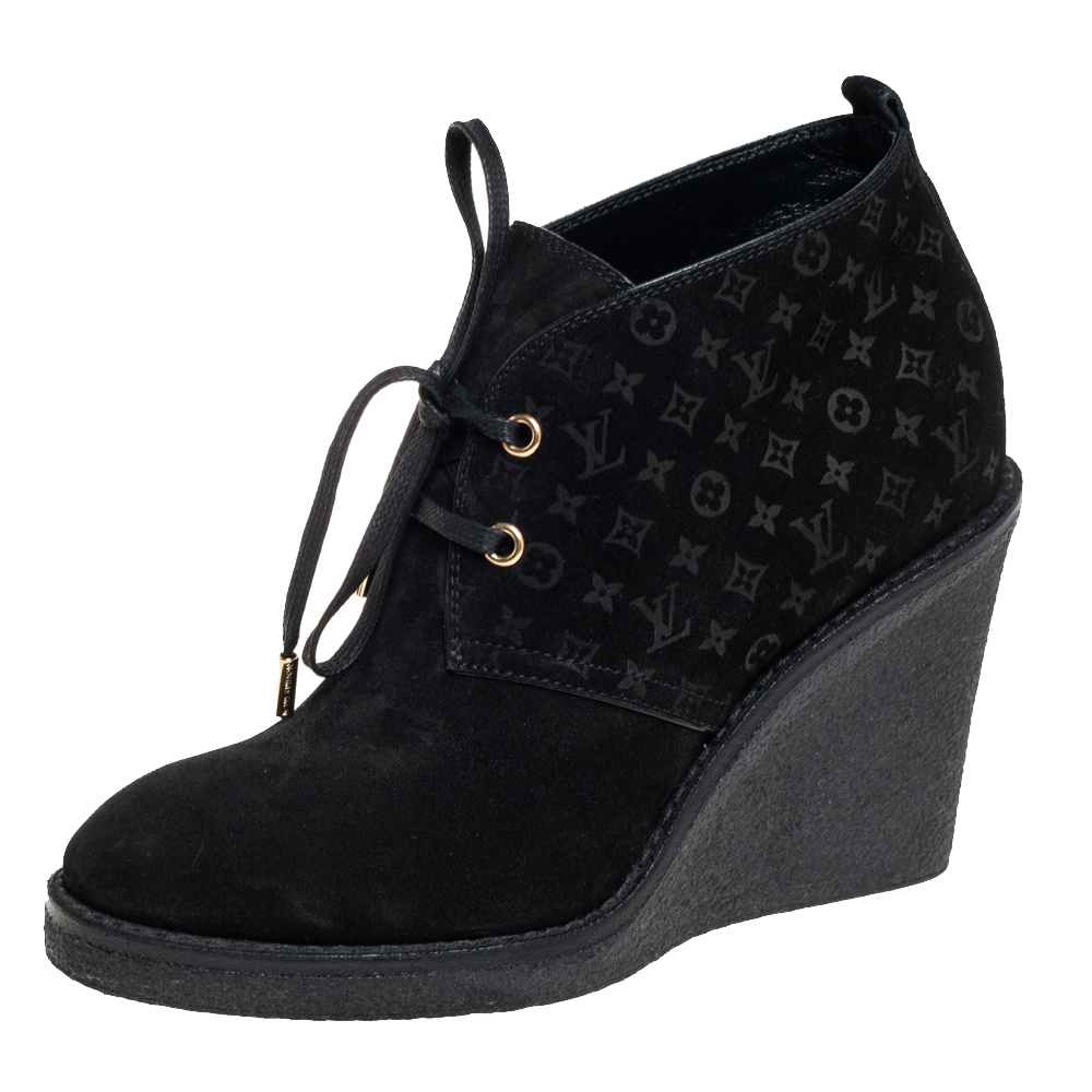 Click to view more detailed imagery on our partner's website Pre-owned Louis Vuitton Black Monogram Suede Wedge Ankle Boots Size 36.5
