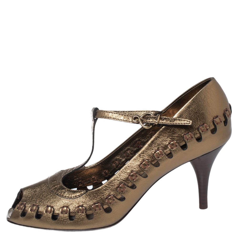 

Louis Vuitton Metallic Bronze Leather T-Bar Cut Out Peep Toe Pumps Size