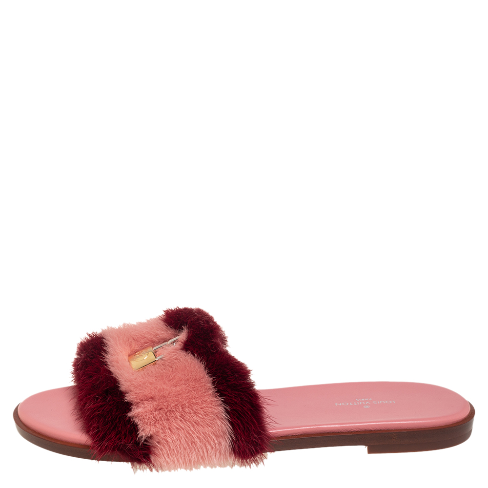

Louis Vuitton Pink/Maroon Fur Lock It Flat Slide Sandals Size