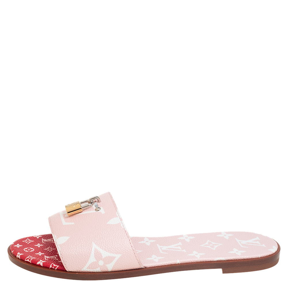 

Louis Vuitton Pink Reverse Monogram Canvas Lock It Flat Slide Sandals Size