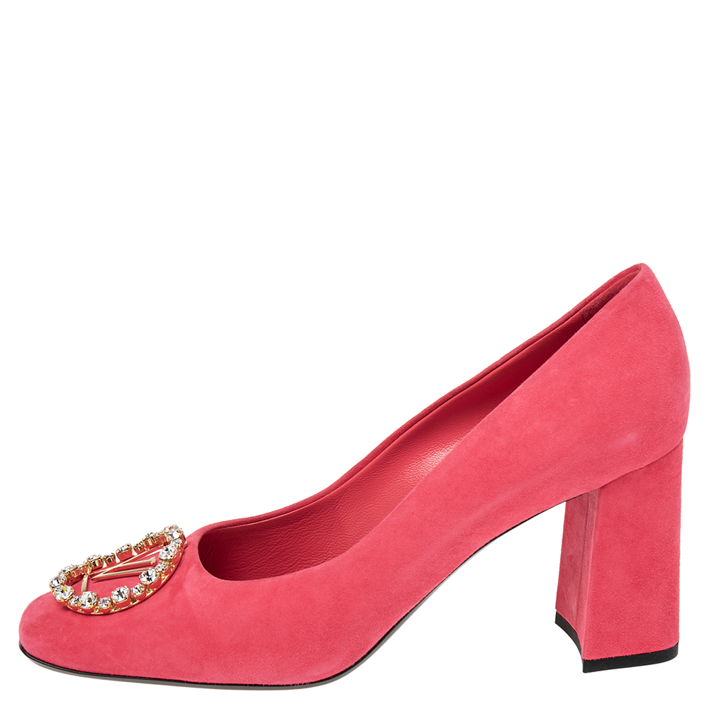 

Louis Vuitton Pink Suede Crystal Madeleine Block Heel Pumps Size
