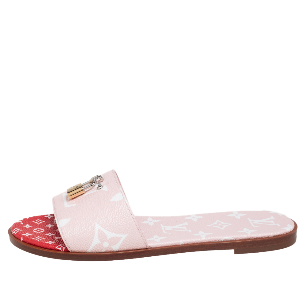 

Louis Vuitton Pink Reverse Monogram Canvas Lock It Flat Slide Sandals Size