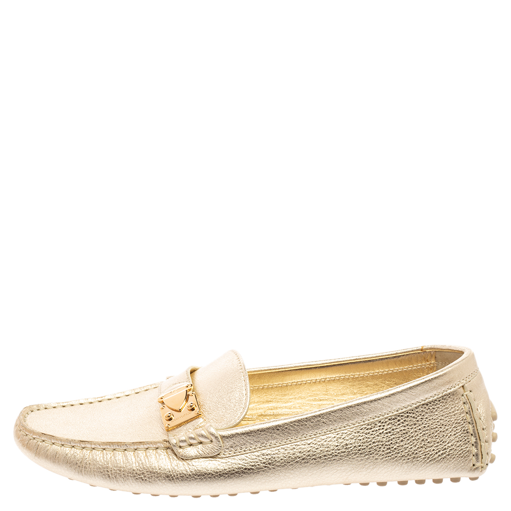 

Louis Vuitton Gold Leather Lombok Driver Loafers Size