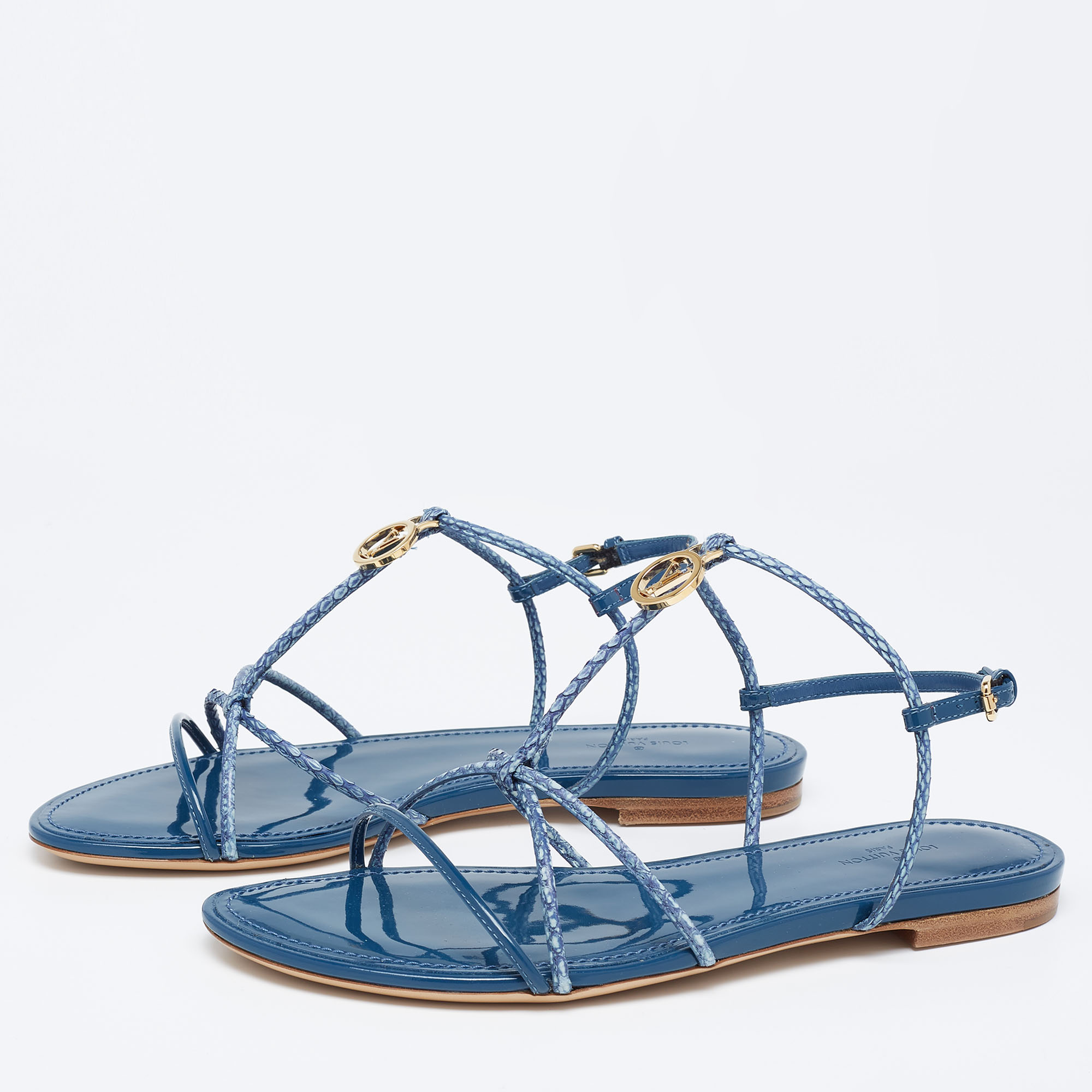 

Louis Vuitton Blue Snakeskin Leather Sunseeker Ankle Strap Flat Sandals Size