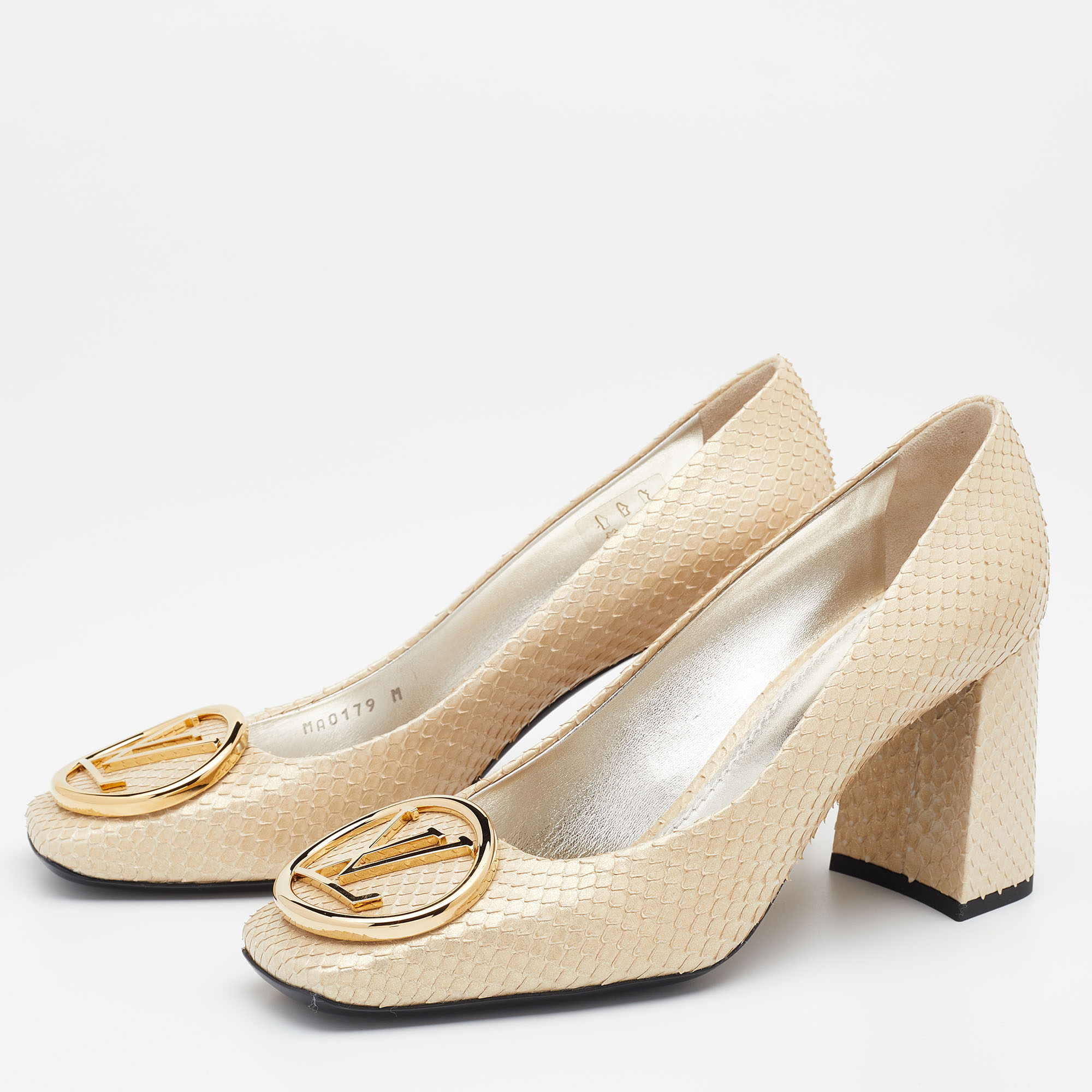 

Louis Vuitton Metallic Cream Python Madeleine Logo Block Heel Pumps Size