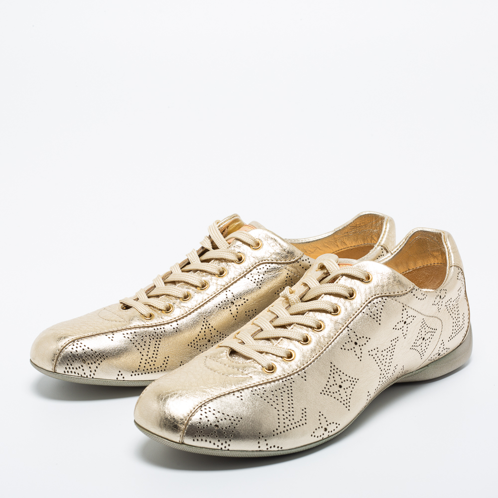 

Louis Vuitton Gold Perforated Monogram Leather Low Top Sneakers Size