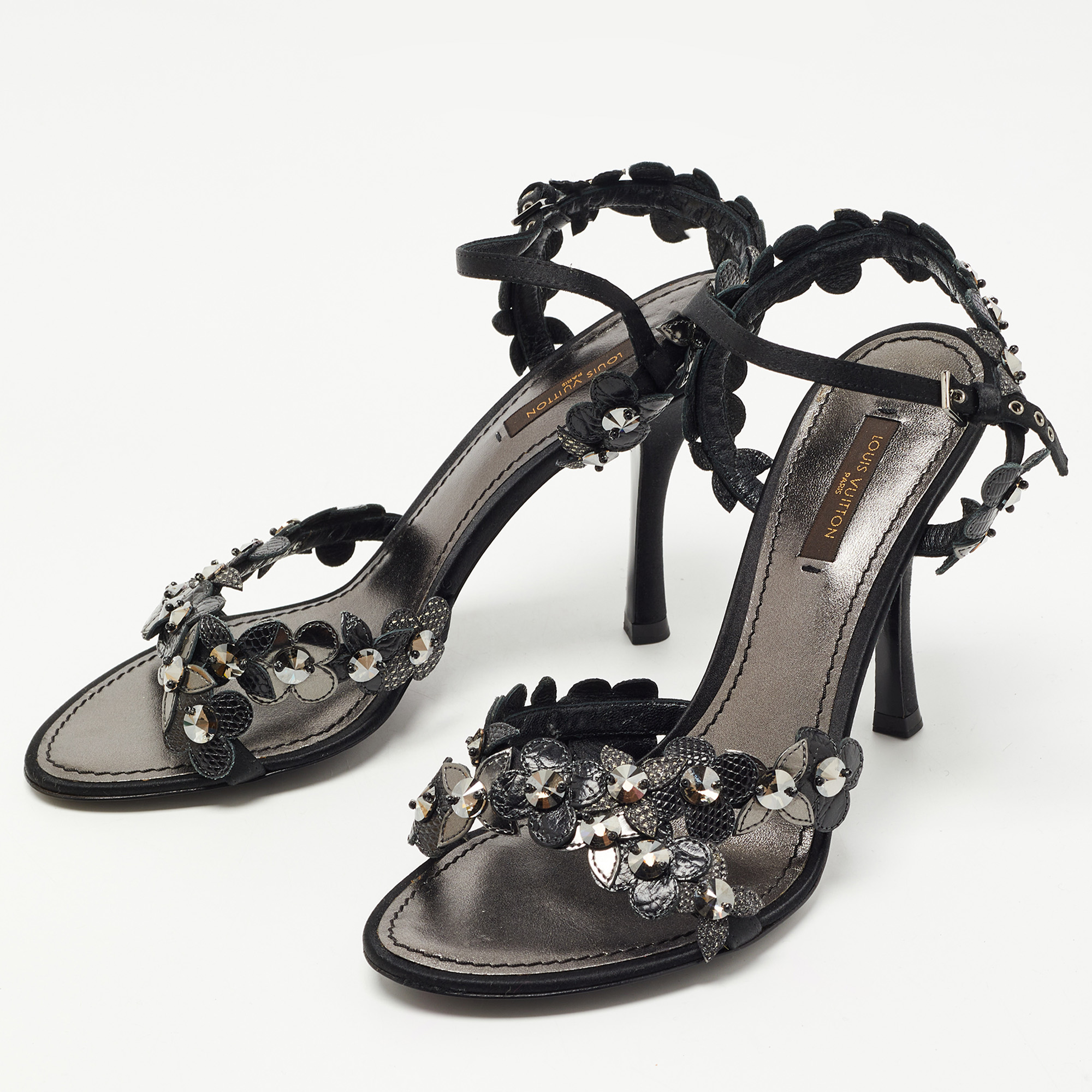 

Louis Vuitton Black Satin Floral Applique Ankle Strap Sandals Size