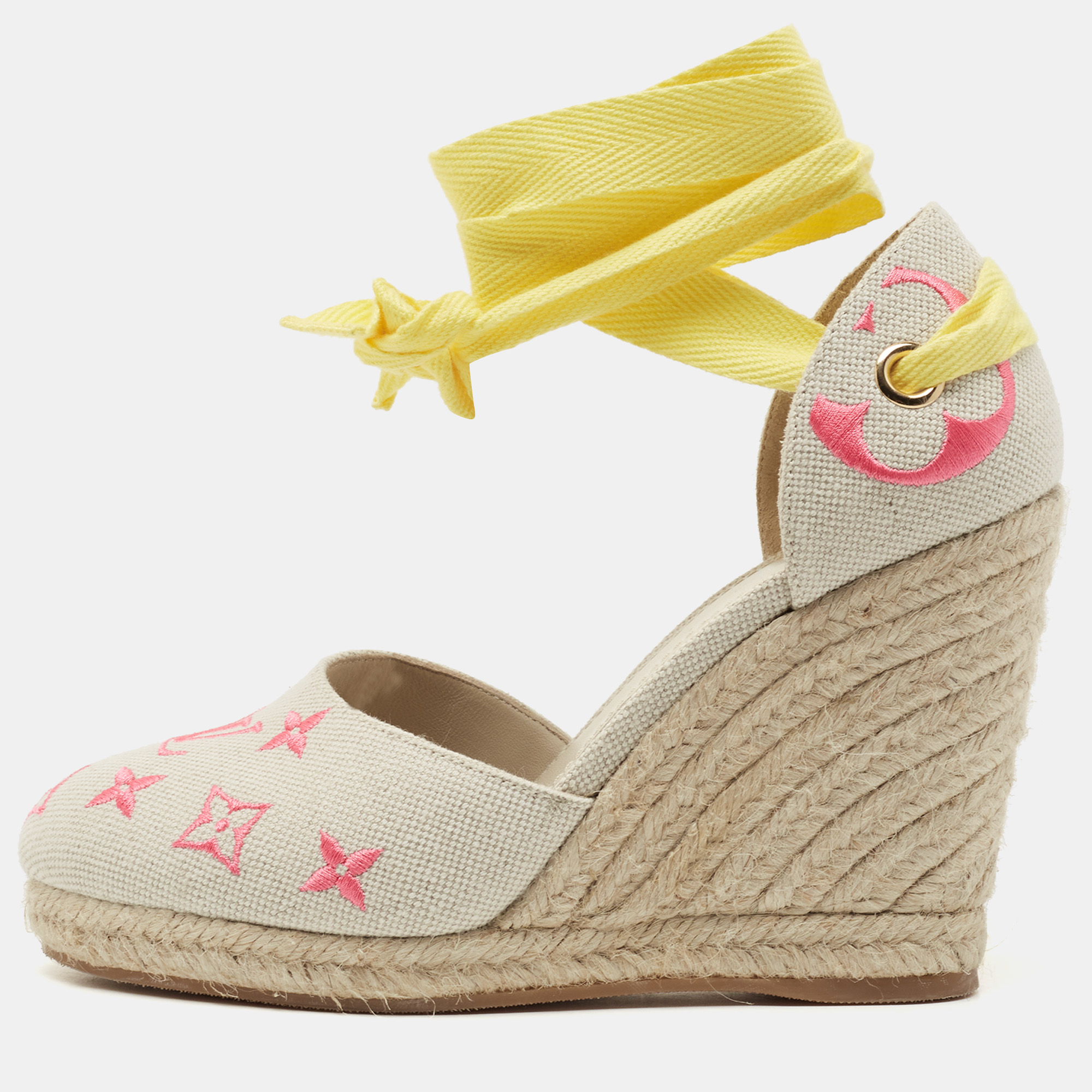 Pre Owned Louis Vuitton Beige Monogram Canvas Wedge Espadrille Pumps Size 37.5