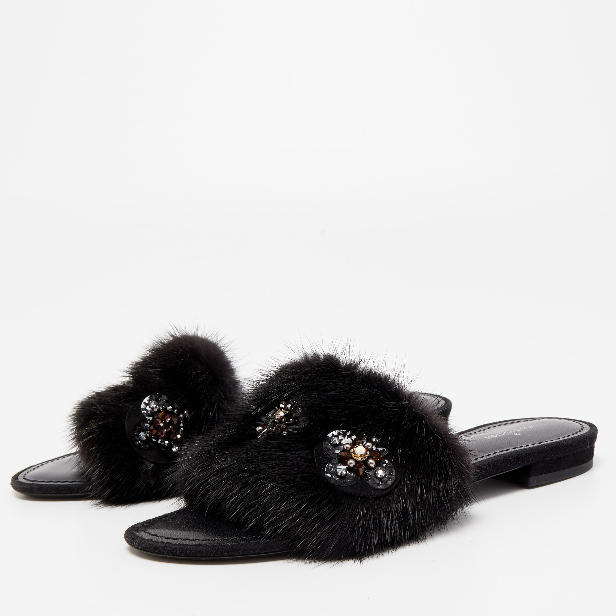 

Louis Vuitton Black Mink Fur Crystal Embellished Flat Slides Size