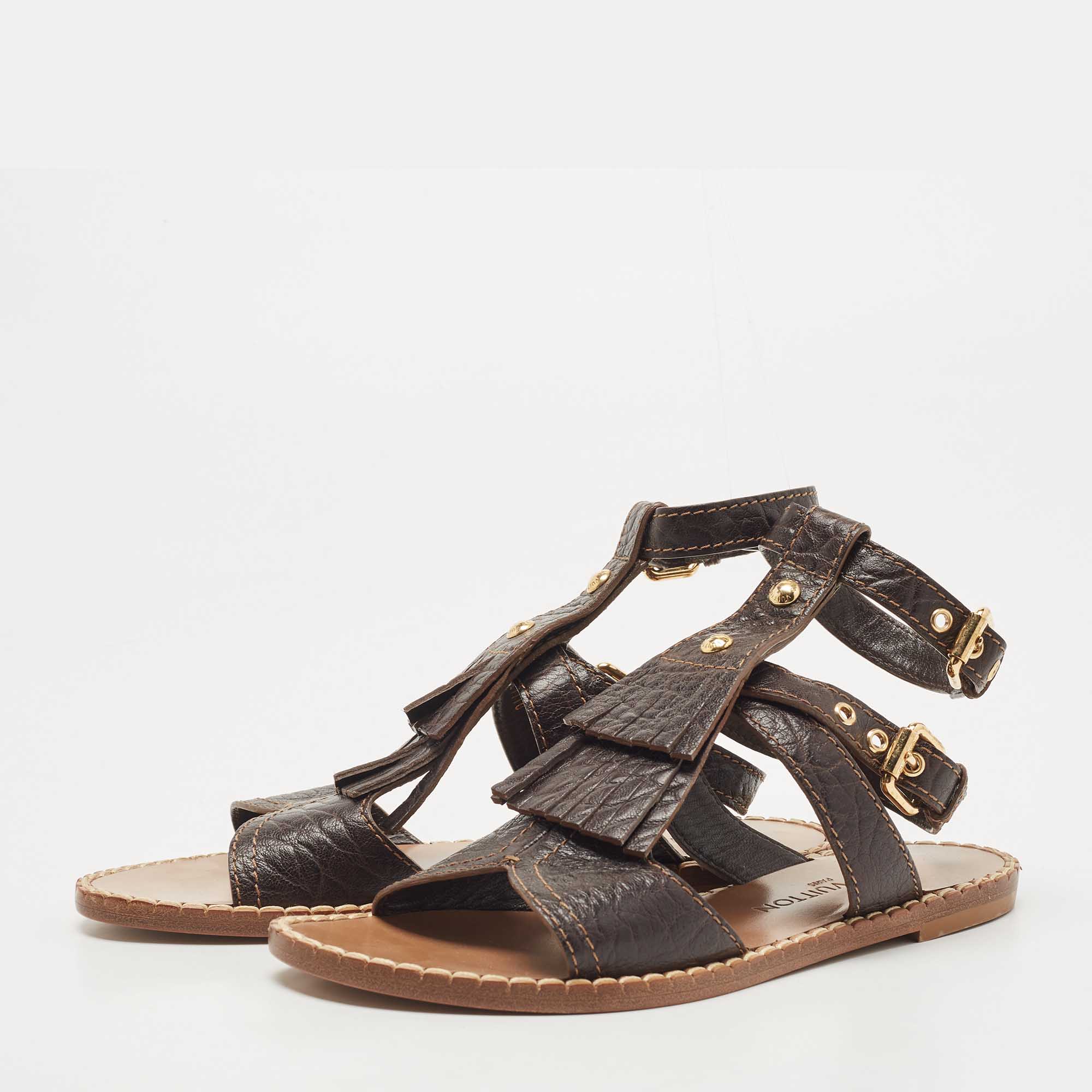 

Louis Vuitton Brown Leather Tassel Ankle Strap Flats Size
