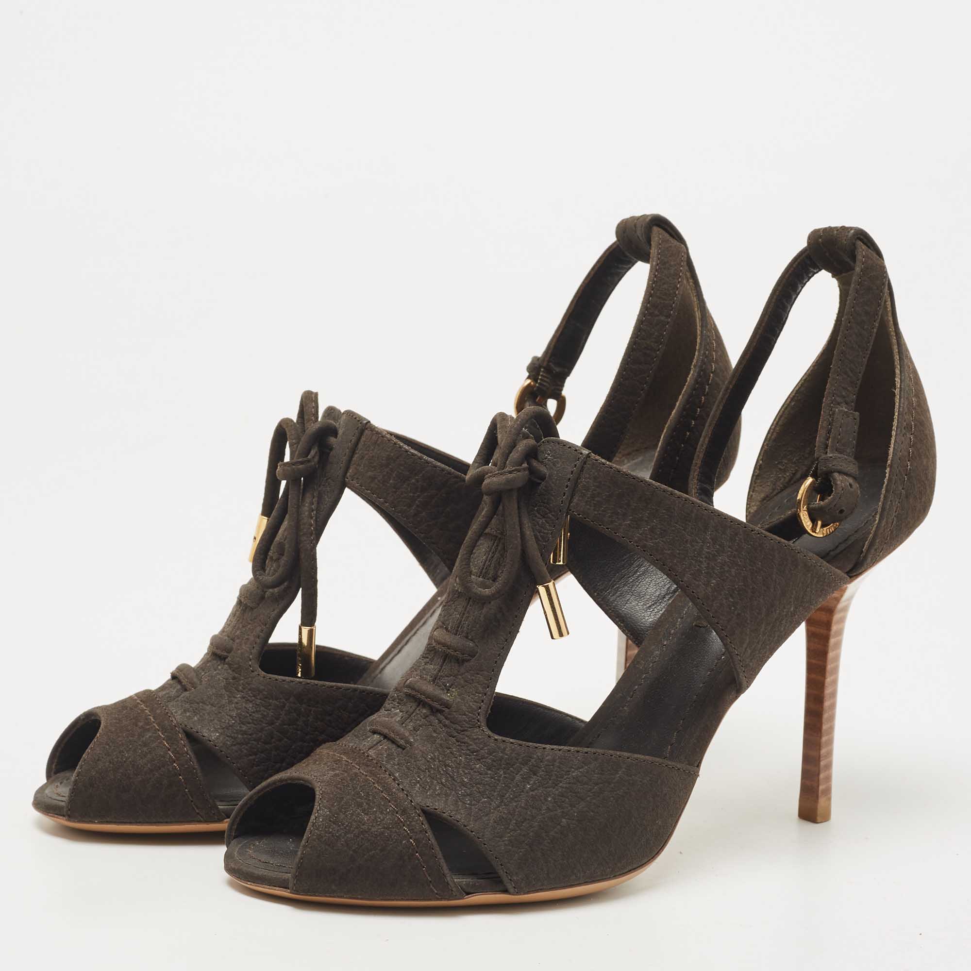 

Louis Vuitton Dark Brown Leather Caged Ankle Strap Sandals Size