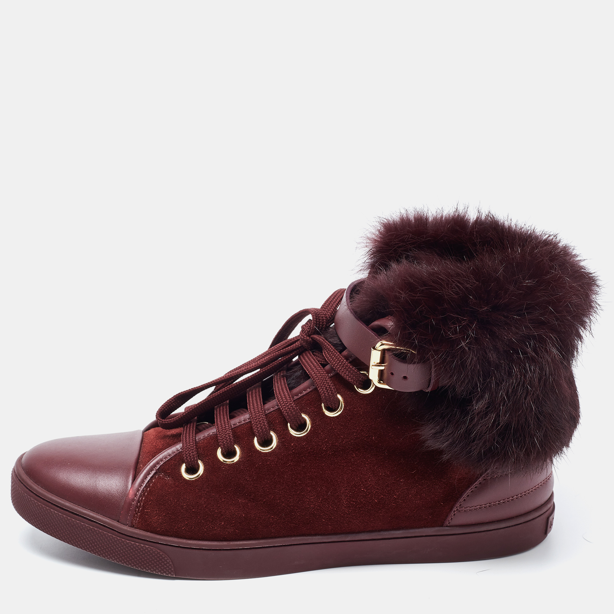 Pre-owned Louis Vuitton Burgundy Suede Leather And Fur High Top