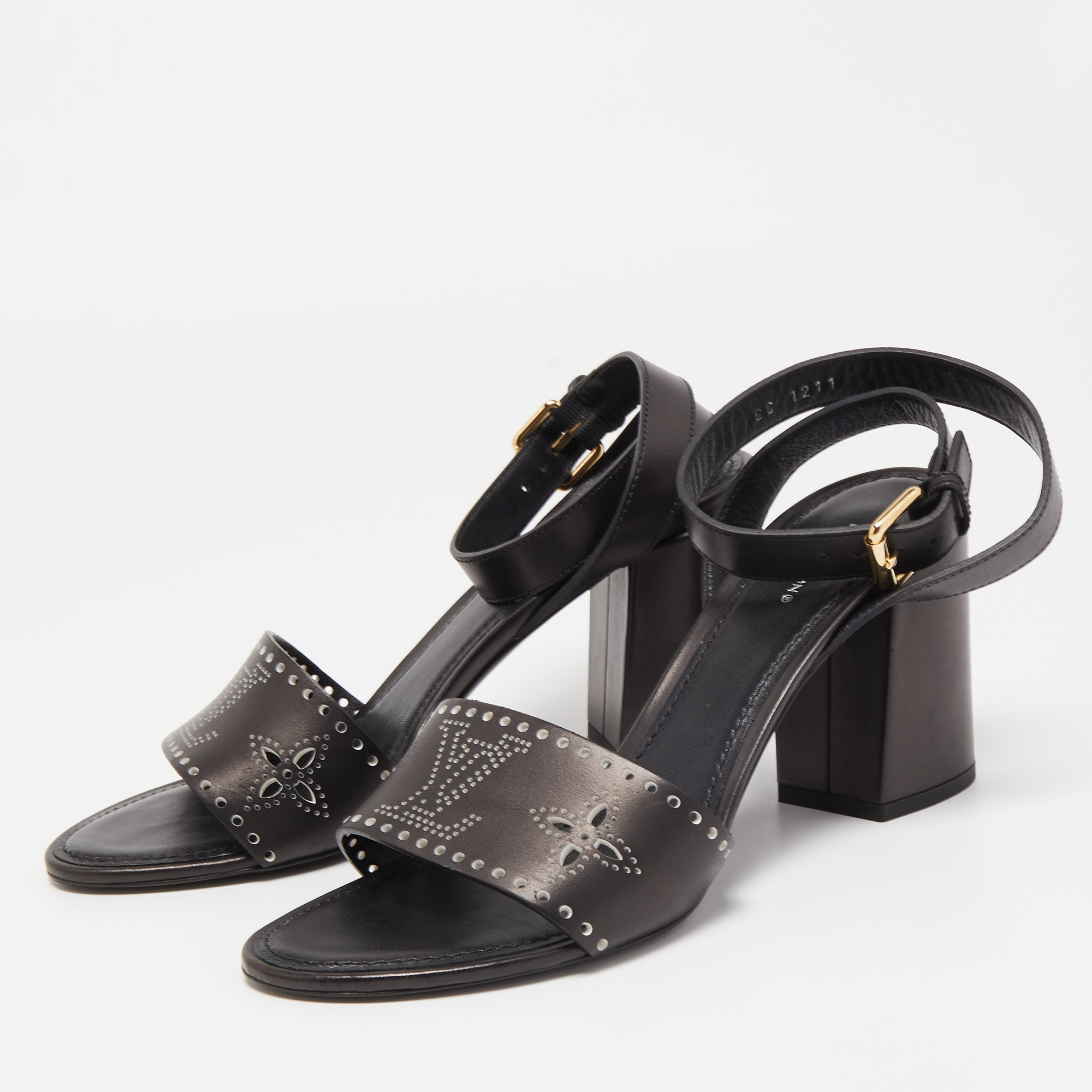 

Louis Vuitton Black Laser Cut Leather Horizon Block Heel Ankle Strap Sandals Size