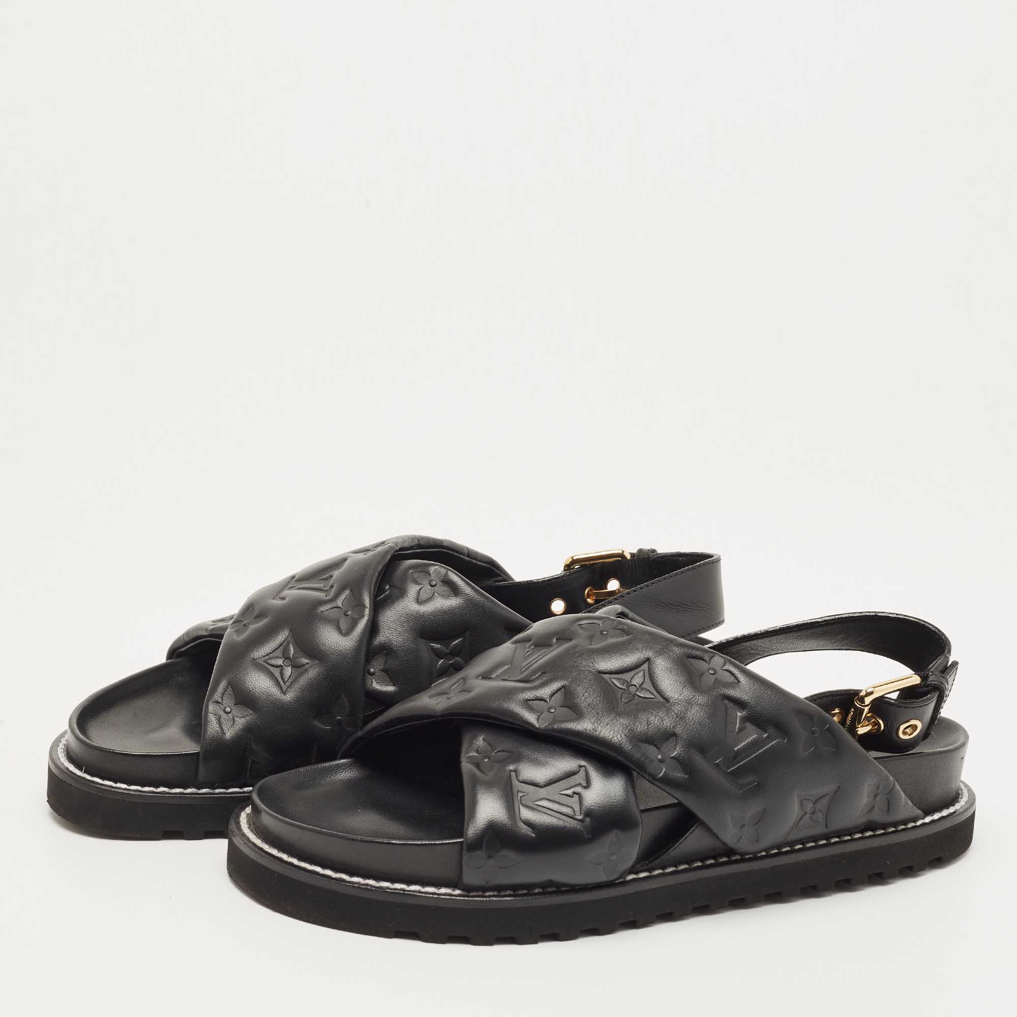 

Louis Vuitton Black Monogram Embossed Leather Paseo Flat Sandals Size