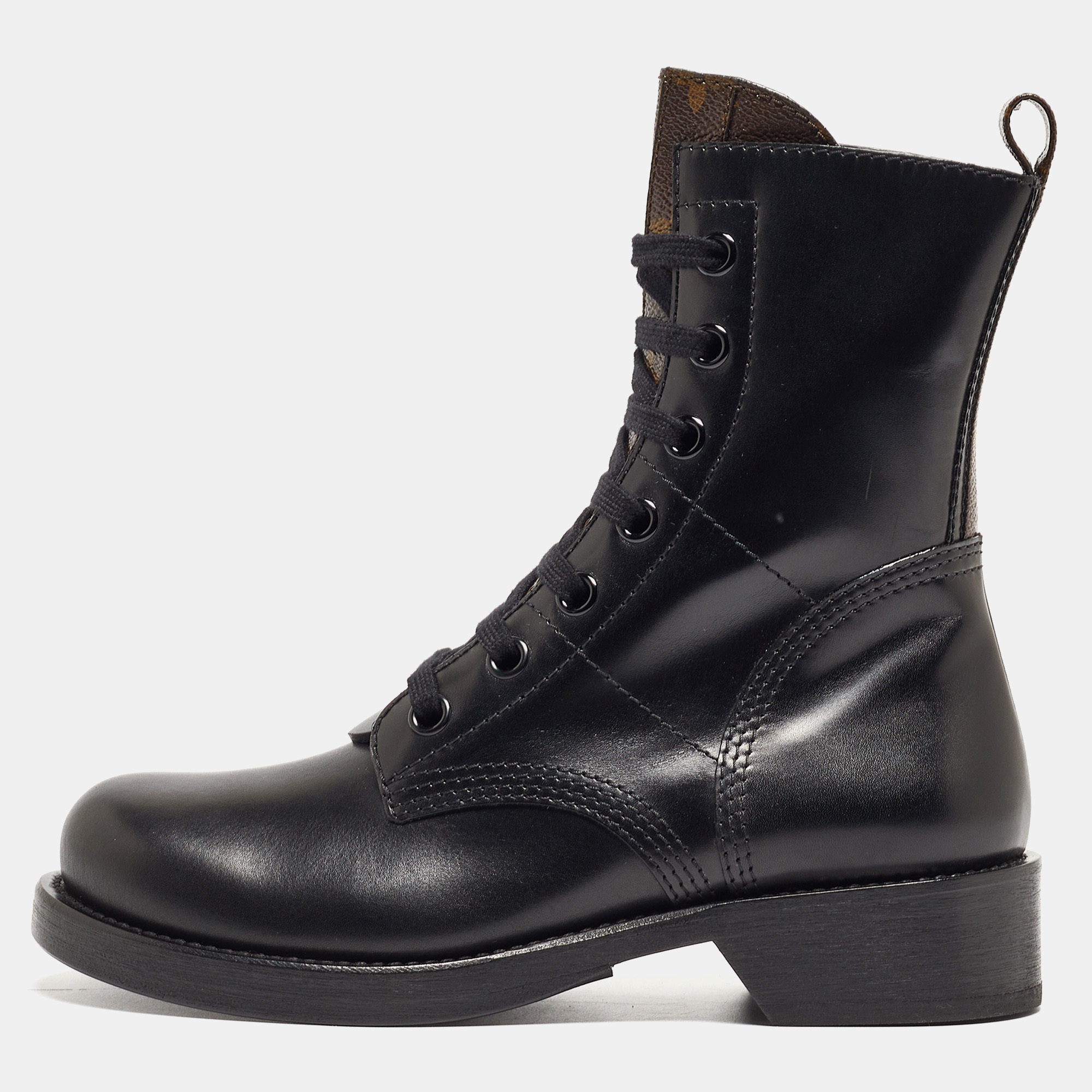 Pre-owned Louis Vuitton Black Leather And Monogram Canvas Metropolis Flat Ranger Boots Size 37.5